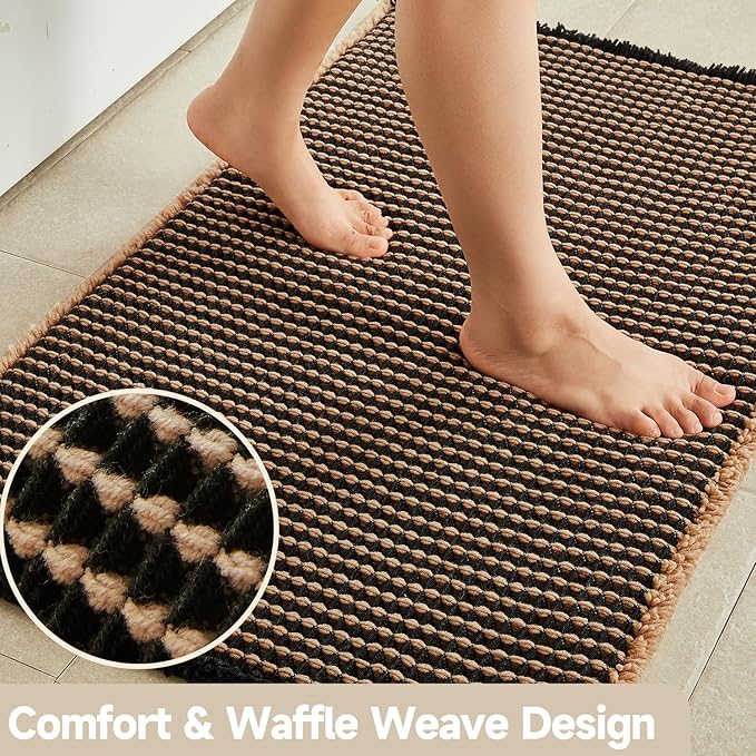 Waffle Runner Rug Bathroom, Long Boho Bathroom Rugs Non Slip Washable Super Absorbent Quick Dry Farmhouse Bath Decor, 60"x24" Khaki and Black