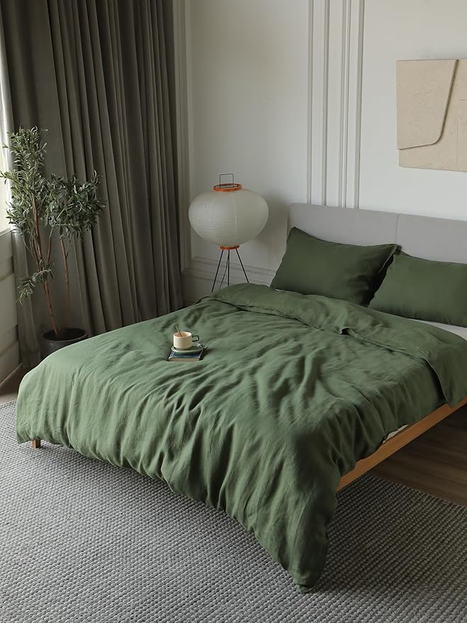 XZ XIFA Green Linen Duvet Cover Full, 100% Washed French Flax Linen Bedding Set with Zipper Closure, Cooling & Textured Bed Sets for Hot Sleepers(1 Duvet Cover, 2 Pillowcases)
