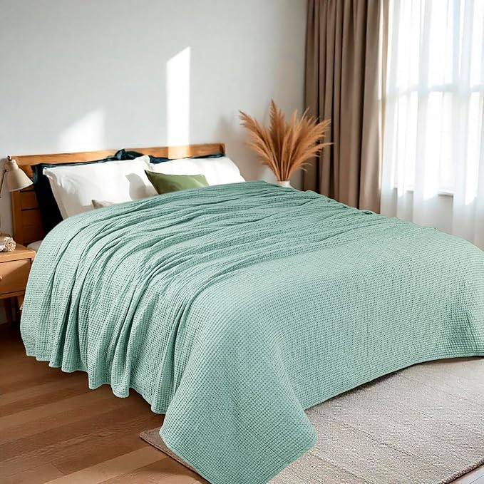 HILLFAIR 100% Combed Cotton Blanket– King Size Bed Blankets– Warm Soft All Season Breathable Lightweight Summer Waffle Weave Home Decor Bed Blanket- Sage King Bed Cotton Blankets/Bedcovers