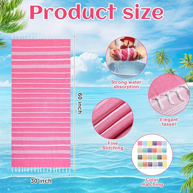 24 Pcs Turkish Beach Towel 30 x 60 Inch Extra Large Lightweight Travel Towel Cotton Turkish Bath Towels Oversized Quick Dry Beach Towels Absorbent Towels Swim Towel (Multicolor)