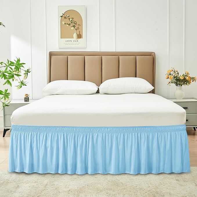 Biscaynebay Wrap Around Bed Skirts for Full & Full XL Beds 15" Drop, Light Blue Adjustable Elastic Dust Ruffles Easy Fit Wrinkle & Fade Resistant Silky Luxurious Fabric Machine Washable