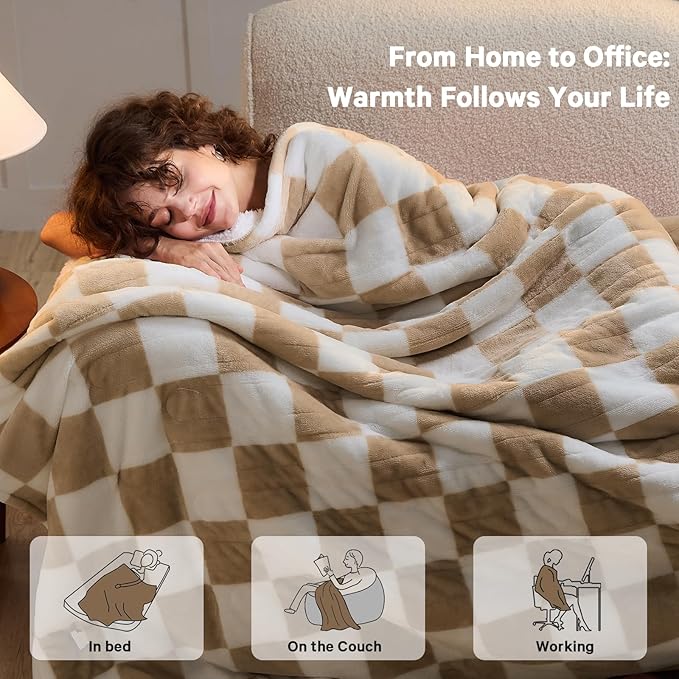 Light Brown Heated Throw Blanket Electric, 50X60 Heating Blanket with 10 Heat Levels & 8 Hours Auto Off for Lap, Checkered Plaid Soft Sherpa Blankets Warmer Gifts for Couch Grandma Women Adults
