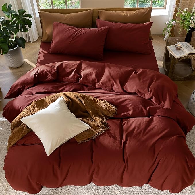 MooMee Bedding Duvet Cover Set 100% Washed Cotton Linen Like Textured Breathable Durable Soft Comfy (Solid Fired Brick Red, Twin 68"x90")
