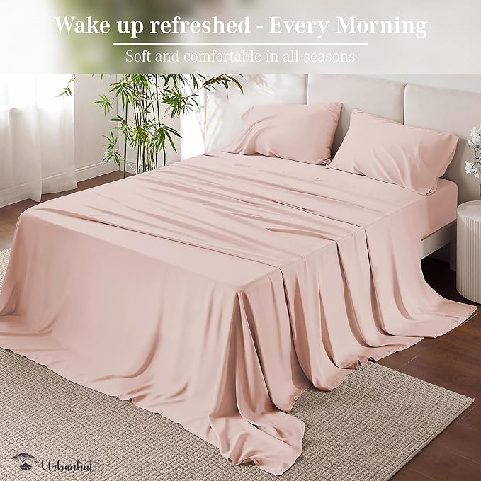 URBANHUT Queen Size Sheets 100% Pure Cotton, 1000 Thread Count 4 Pc Bed Sheet Sets, Soft & Breathable, Luxury Hotel Sheets Fits 16" Elasticized Deep Pocket, Sateen Weave, Solid - Blush Pink