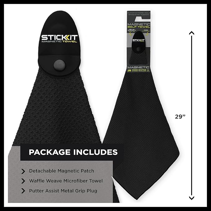 STICKIT Magnetic Towel, Black | Top-Tier Microfiber Golf Towel with Deep Waffle Pockets | Industrial Strength Magnet for Strong Hold to Golf Carts or Clubs