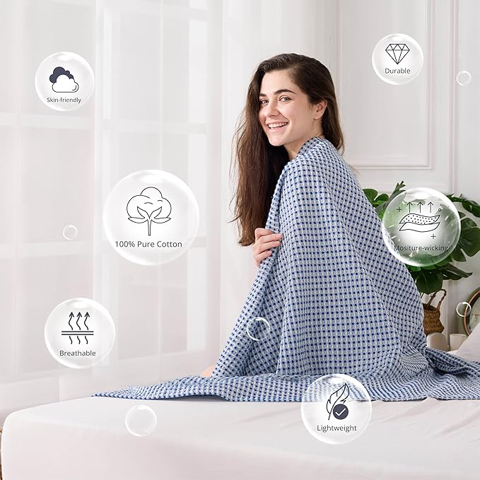 EGOHOME 100% Cotton Waffle Blanket Twin Size for Bed-Breathable and Lightweight,Soft Dual-Tone Textured Jacquard Waffle Weave Blankets for All Seasons,Navy Blue,60 x 80 Inches