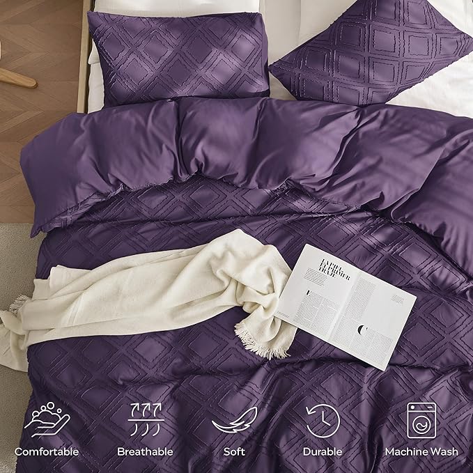 JELLYMONI Duvet Cover Queen Size Purple - 3PCS Boho Duvet Cover Set Plaid Polyester Tufted Bohemian Jacquard Knit Textured Comforter Cover 90×90in Rhombic Geometric Pattern Zipper Corner Tie