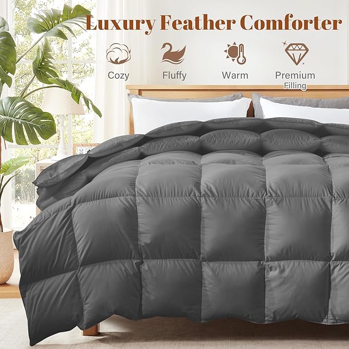 Cosybay Full Size Feather Down Fiber Comforter - Fluffy Grey All Season Duvet Insert, Ultra Soft 100% Cotton Cover, Luxury Hotel Bedding with Corner Tabs, 82"x86"