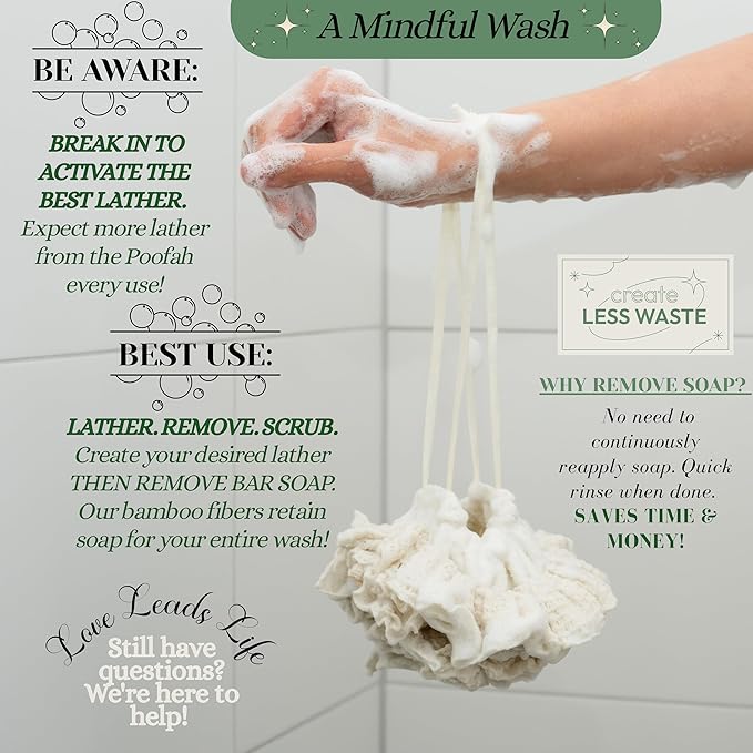 Bamboo Washcloth & Ramie Loofah – Dual‑Sided Body Scrubber for Bath & Shower – Patent Pending - Gentle Exfoliation, Sensitive Skin Spa Tool – Large Loofah with Bar Soap Pouch, Cotton Wash Bag, 2 Pack