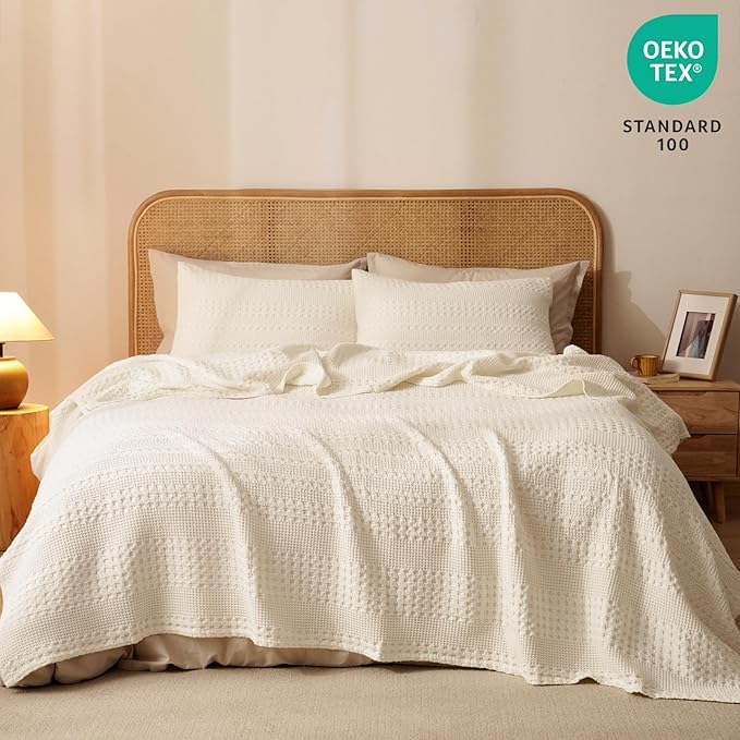 PHF 100% Cotton Waffle Weave Blanket King Size for Bed, Soft Lightweight & Breathable, All-Season Comfort, Luxury Aesthetic Woven Bedding for Home Decor, 108"x90", Natural