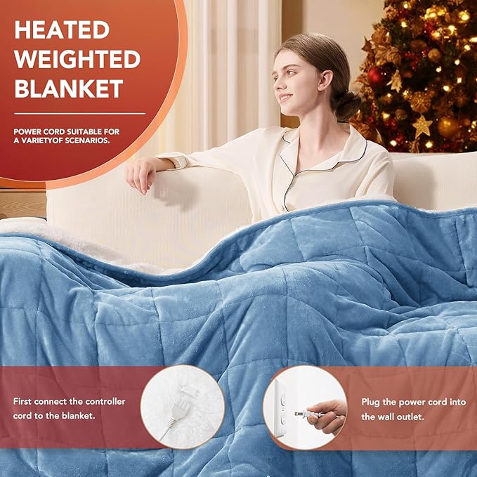 Homemate Heated Weighted Blanket for Adults - 62"x84" 15lbs Electric Throw Fast Heating Heavy Blanket 1/2/4/6/8 Hour Auto Off 10 Heat Levels Over-Heat Protection Soft Flannel Sherpa