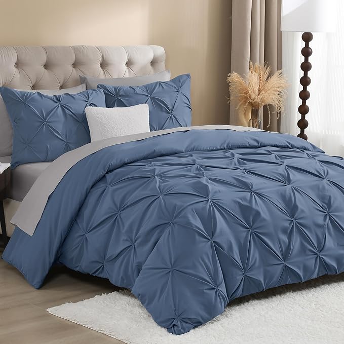 Litanika Ocean Blue Queen Pinch Pleat Duvet Cover, 3 Pieces Pintuck Cover Soft Microfiber Bedding Set with Zipper Closure & Corner Ties(90x90Inch-1 Duvet Cover, 2 Pillowcases)