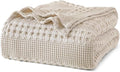 PHF 100% Cotton Waffle Weave Blanket Queen Size for Bed, Soft Lightweight & Breathable, All-Season Comfort, Luxury Aesthetic Woven Bedding for Home Decor, 90"x90", Oatmeal