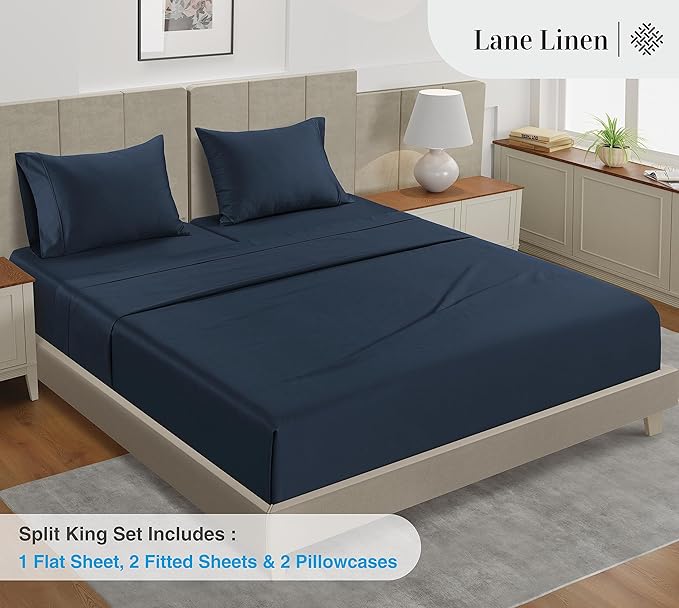 LANE LINEN Split Top King Sheets Sets for Adjustable Bed – 450 Thread Count 100% Cotton, Soft & Cooling Sateen Weave, 15” Deep Pocket Fully Elasticized Fitted Sheet, Premium Bedding, Estate Blue