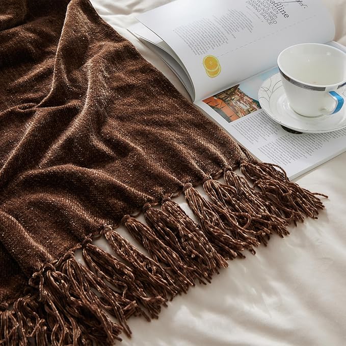 CozeCube Chenille Throw Blanket for Couch, Cozy Plush Fuzzy Decorative Dark Brown Blanket with Fringe Tassels, Lightweight Throws for Bed Sofa Gift Home Decor, 50"X60"