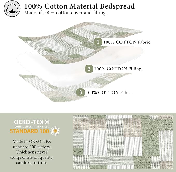 Uniclinens Plaid Quilt Set Queen Size, Patchwork Light Green Quilt Bedding Set, 100% Cotton Bedspreads, Farmhouse Rustic Lightweight Comforter, 3 Pieces Set with 2 Pillowshams, Green/Brown/Beige