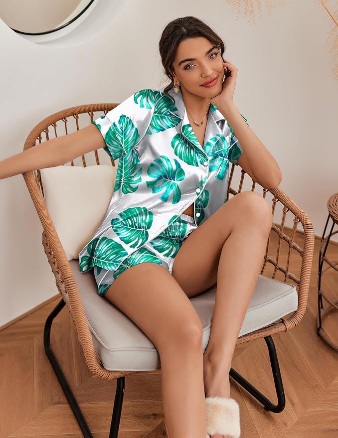 Ekouaer Pajamas for Women Set Silk Satin Pjs Shorts Sleepwear 2 Piece Loungewear S-XXL