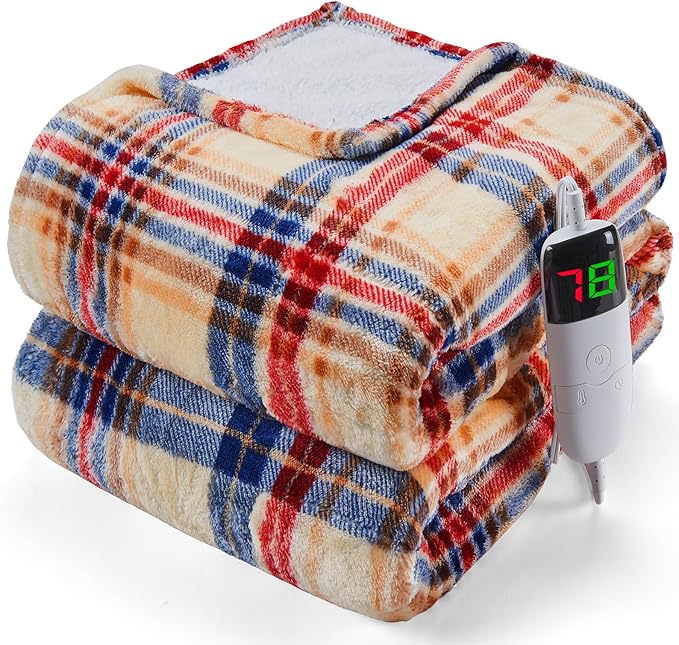 OCTROT Heated Blanket Electric, Twin Size 62X84, Heating Blanket with 10 Heating Levels & 8 Hours Auto Off, Checkered Plaid Sherpa Blankets Warmer for Adults, Fast Heating and Washable, in Brown
