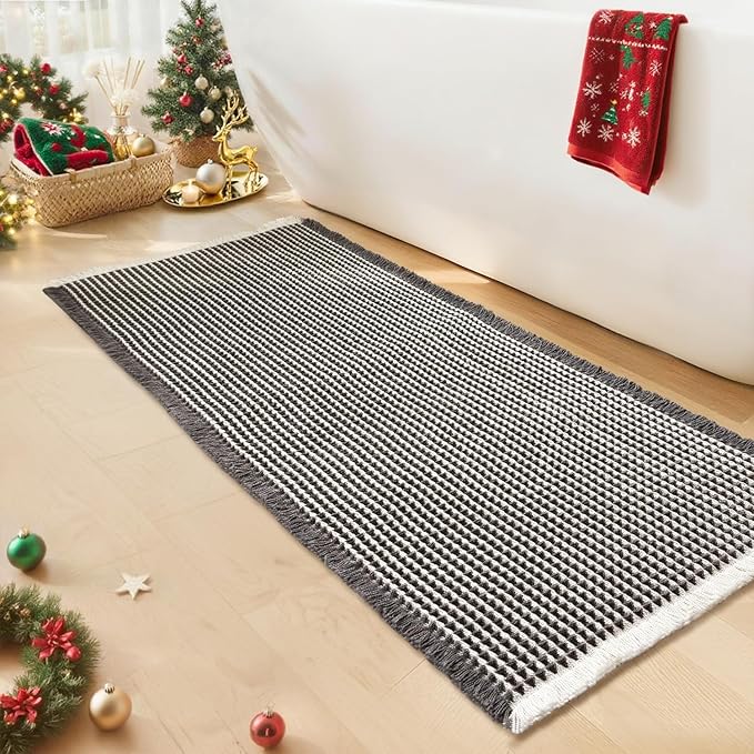 Waffle Runner Bath Mat - Long Boho Bathroom Rugs Non Slip Washable, Super Absorbent & Quick Dry, Soft Bath Mat Farmhouse Bathroom Decor, 24'' x 72'', Dark Grey and White