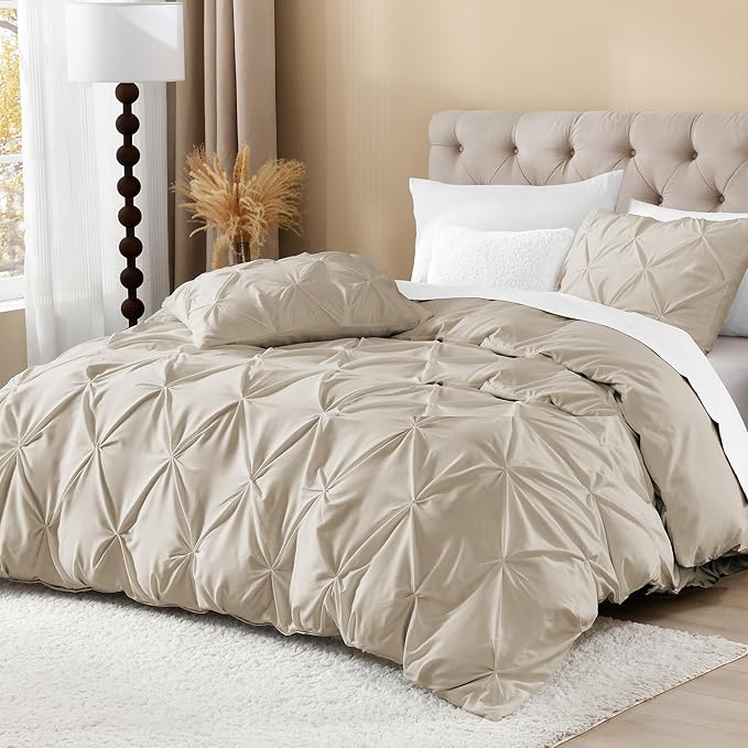 Litanika Oatmeal Oversized Queen Pinch Pleat Duvet Cover, 3 Pieces Pintuck Cover Soft Microfiber Bedding Set with Zipper Closure & Corner Ties(1 Duvet Cover, 2 Pillowcases)