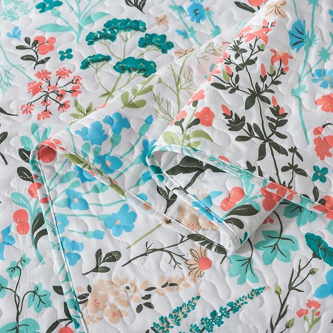 BEDIFANY Queen Size Quilt Bedding Set - Cotton Filling Lightweight Reversible Bedspread with Botanical Floral Pattern, Farmhouse Bed Coverlet for All Seasons, 3-Piece Set (90x98 Inches)