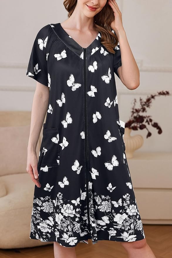 Ekouaer Women Robe Zipper Front Mumu Duster Robes Zip Up Housecoat Soft Sleepwear with Pockets S-3XL