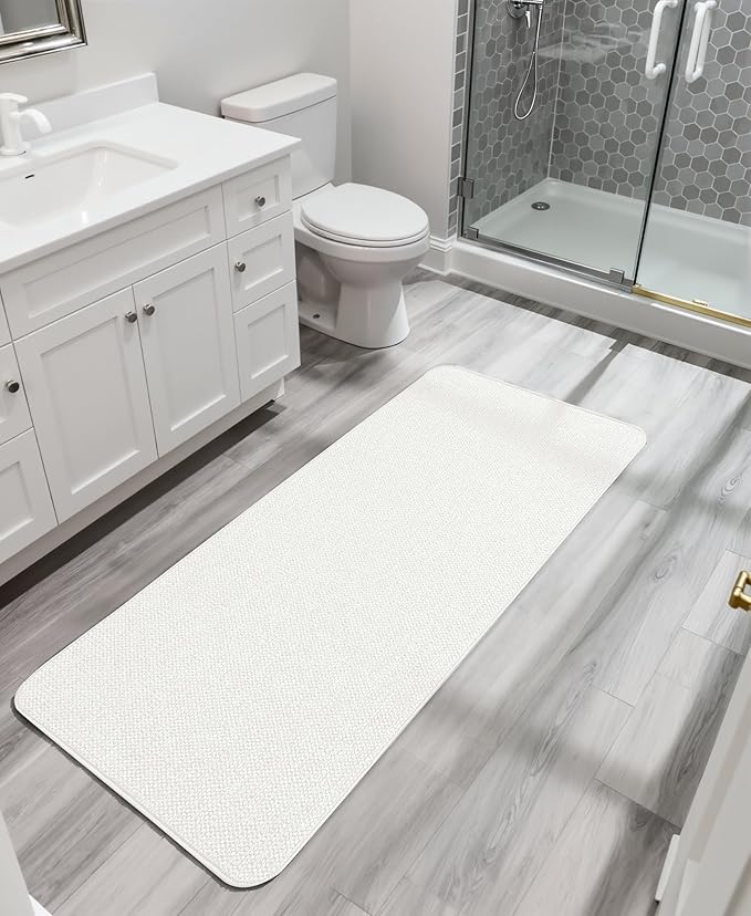 Bath Mat,Ultra Thin Bathroom Runner Rugs,Large Bath Mats for Bathroom,Quick Dry,Non-Slip,Machine Washable,Low Pile,Bath Rug,Shower Outside,Sink,Home Decor Accessories.White,1'9"x3'11"（21x47inch）