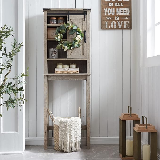 RedLemon Farmhouse Over The Toilet Storage Cabinet, 68" Tall with Sliding Barn Doors & Adjustable Shelves, Rustic Above Toilet Storage Cabinet, Light Rustic Oak