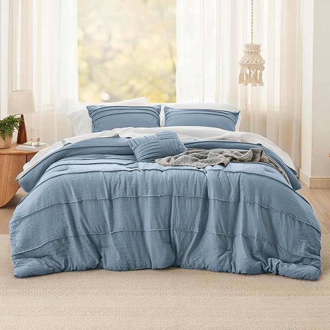 Bedsure King Comforter Set - 4 Pieces Pinch Pleat Bed Set, Light Blue Boho Bedding for All Season, 1 Soft Comforter, 2 Pillowcases, 1 Decorative Pillow