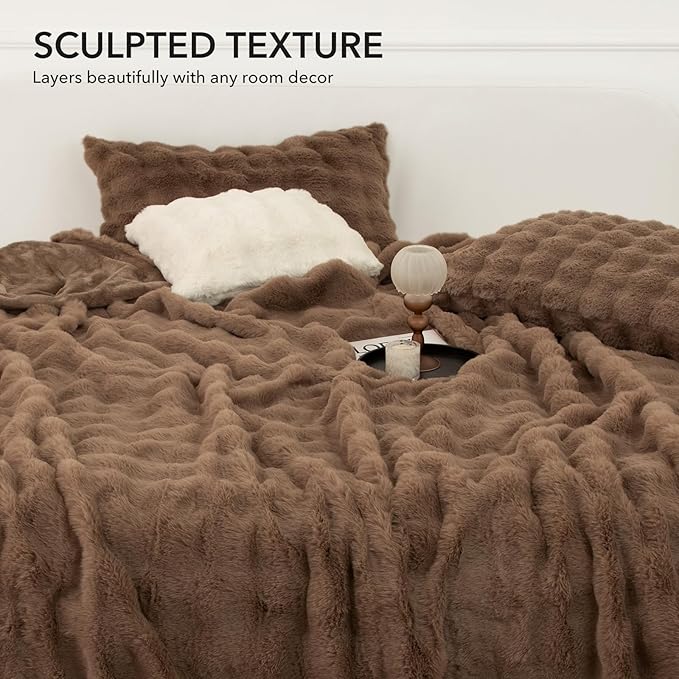 Faux Rabbit Fur Bubble Heated Blanket Full Size Camel - Fuzzy Soft Electric Blanket with 6 Heating Levels & 10 Timer Settings, Room Home Dorm Decor Gifts for Women, ETL Certified (72" x 84")