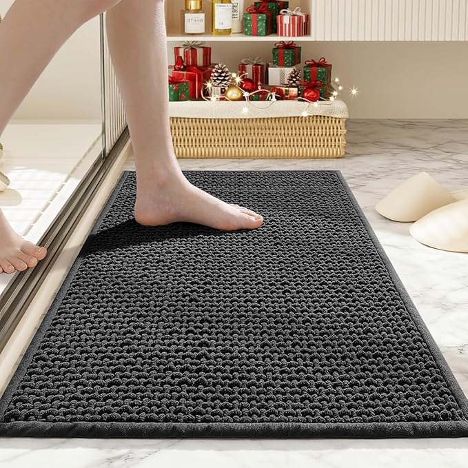 Bathroom Rugs Non Slip Washable, Super Absorbent Thin Bath Mat for Small Quick Dry Low Pile Bathroom Rug, (Black, 24″x16″)