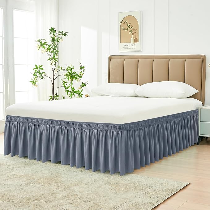 Biscaynebay Wrap Around Bed Skirts for King & Cal King Beds 16" Drop, Dark Grey Adjustable Elastic Dust Ruffles Easy Fit Wrinkle & Fade Resistant Silky Luxurious Fabric Solid Machine Washable