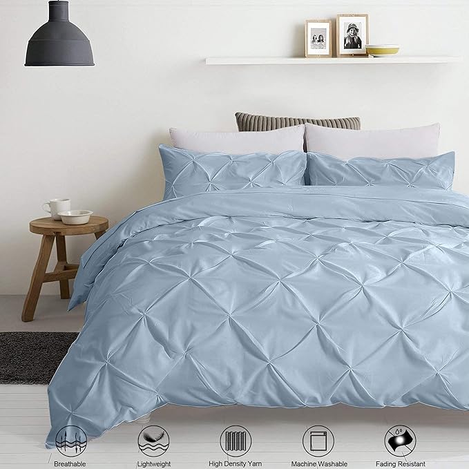 Pinch Pleated Duvet Cover Set 100% Brushed Microfiber 3PC Full Size 80x90 Duvet Cover Set, Decorative Pinch Design Sky Blue Duvet Cover with Matching Pillow Case