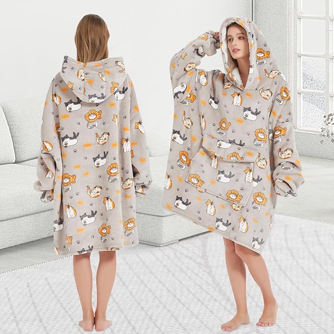 Wearable Blanket Hoodie for Adult,Oversized Sherpa Fleece Blanket Hoodie for Women Men,Cat