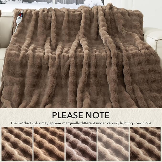 Faux Rabbit Fur Bubble Heated Throw Blanket Camel - Luxury Fluffy Soft Warm Electric Throw with 6 Heating Levels & 4 Timer Settings, Decor Gifts for Home Bedroom Living Room (50" x 60")