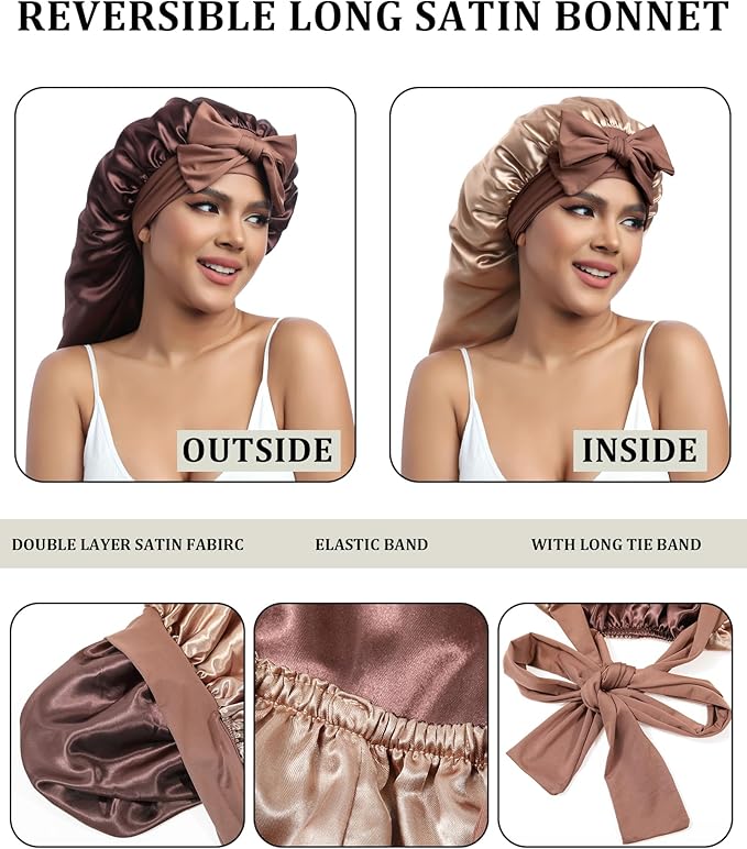 AWAYTR Long Satin Bonnet for Sleeping - Double Layer Reversible Silk Bonnet for Long Hair Women Sleeping Cap with Tie Band