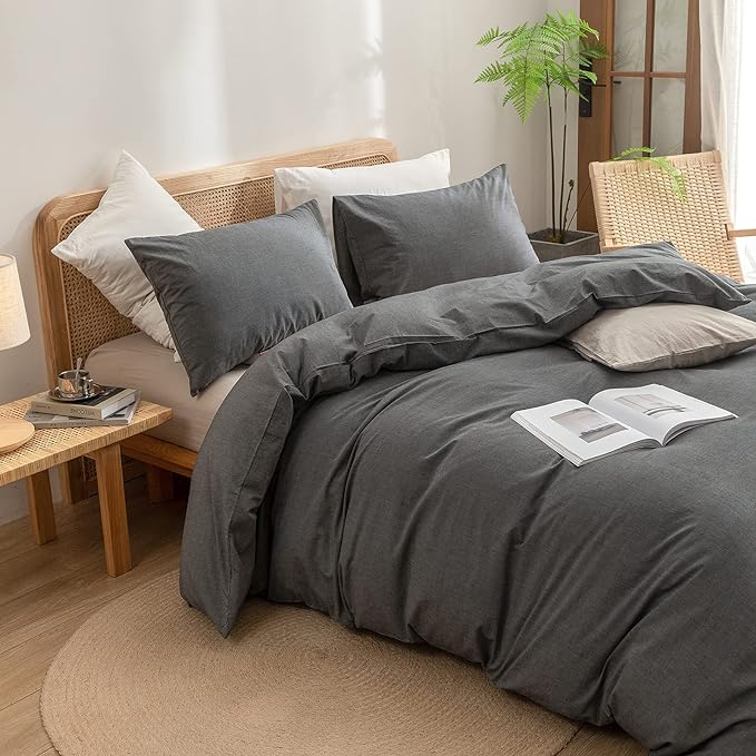BESTOUCH Duvet Cover Set 100% Washed Cotton Linen Feel Super Soft Comfortable Chic Lightweight 3 PCs Home Bedding Set Solid Dark Grey Super King Plus