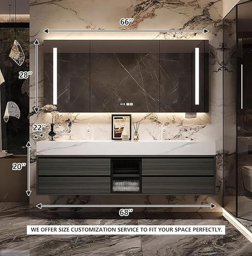 68IN Bathroom Vanity with Double Sink, Modern Bathroom Vanity with LED Smart Defog Mirror Cabinet & Integrated Ceramic Sink, Floating Vanities with Drawers and Glass Cabinet Door (Grey Wood)
