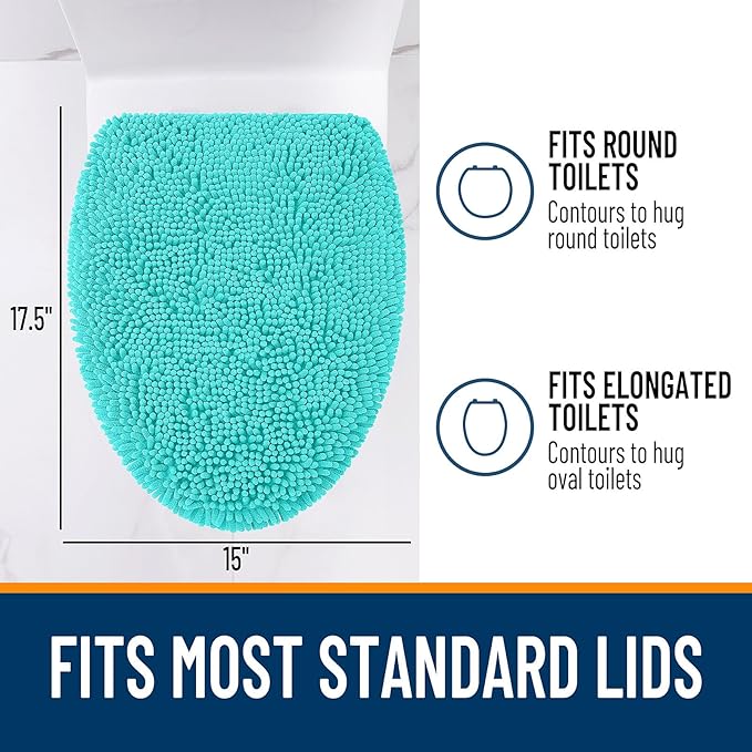 OLANLY Soft Chenille Bathroom Toilet Lid Cover, Machine Washable Seat Covers, 17.5x15, Stays in Place Rubber Backing, Fits Most Round, Elongated and Oblong Lids, Accessories Decor, Teal