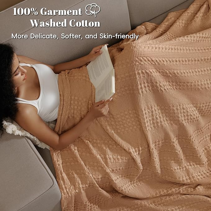 PHF 100% Cotton Waffle Weave Blanket Twin Size for Bed, Soft Lightweight & Breathable, All-Season Comfort, Luxury Aesthetic Woven Bedding for Home Decor, 66"x90", Clay