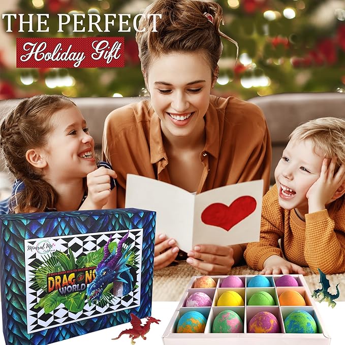 Bath Bombs for Kids with Surprise Inside - 12 Organic Bubble Bath Fizzies with Dragon Egg Toys. Gentle & Kids Friendly w/Rich Bubbles & Rainbow Colors, Stocking Stuffer Christmas Gifts for Boy, Girls