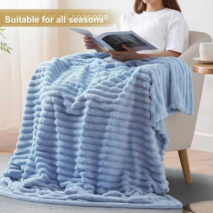decorUhome Christmas Soft Fleece Blue Grey Twin Blanket for Bed, Cozy Fluffy Plush Flannel Striped Throws for Couch Sofa, Lightweight Decorative Ribbed Fuzzy Blanket for Woman, 60x80 Inches