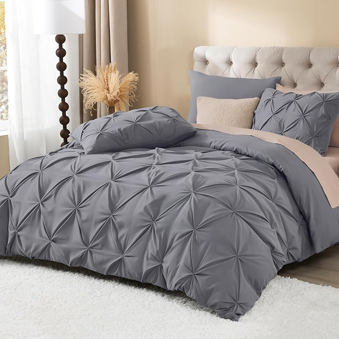 Litanika Dark Grey Oversized King Pinch Pleat Duvet Cover, 3 Pieces Pintuck Cover Soft Microfiber Bedding Set with Zipper Closure & Corner Ties(1 Duvet Cover, 2 Pillowcases)