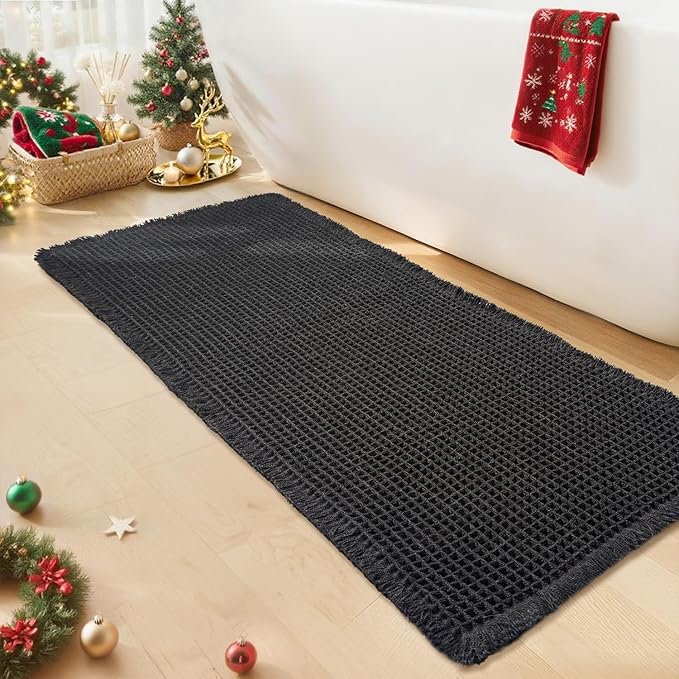 Black Long Bathroom Rug - Waffle Runner Bath Mat Non Slip Washable, Super Absorbent & Quick Dry, Boho Bath Mat Farmhouse Bathroom Decor, 24'' x 60'', Black