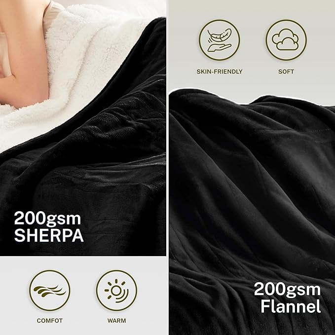 Heat Blanket 62”x84” Twin Size,Soft Flannel & Sherpa Reversible Electric Blanket with 10 Heat Settings,12 Timer Setting and 8 Hours Auto-Shut Off,ETL Certified Machine Washable,Black