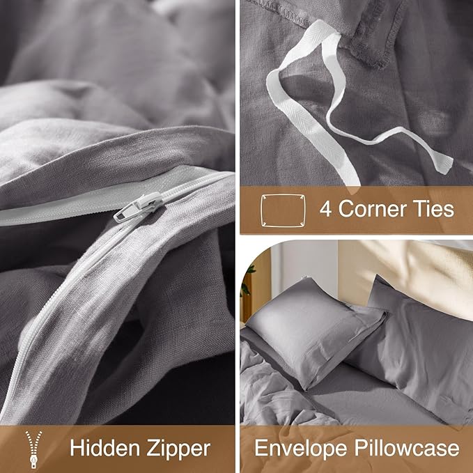 SONORO KATE 100% French Linen Duvet Cover Queen Size, Soft Breathable for Hot Sleepers, Moisture Wicking & Durable Cover Set - Zipper Closure & 4 Corner Ties Duvet Covers 3 Piece (Dark Grey,Queen)
