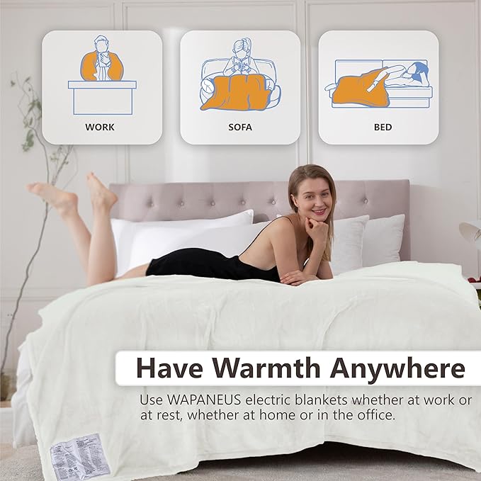 Wapaneus Heated Blanket Electric Twin Size 62"x84" with 10 Heating Levels 12 Timer Settings 8 Hours Auto-Shut Off,Flannel Fast-Heating Electric Blanket,ETL Listed Machine Washable,Ivory