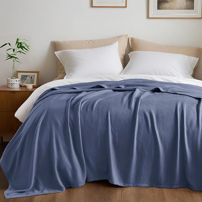 Twin Size Blanket, 70% Rayon (Derived from Bamboo) and 30% Cotton, Lightweight Jacquard Weave, Breathable and Soft Summer Blanket for Bed or Couch, 66” x 90”, Navy