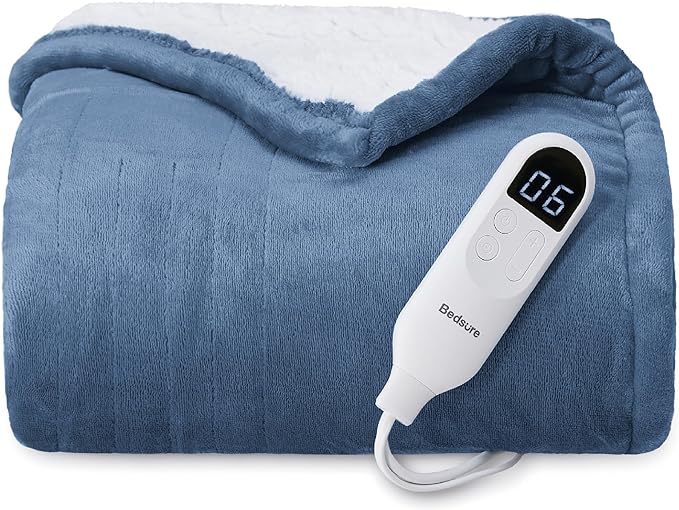 Bedsure Heated Blanket Throw Blanket - Fast Heating Electric Blanket, Soft Flannel Heated Throw with 4 Time Settings, 6 Heating Settings, Warm Gifts for Grandma (50x60 inches, Blue)
