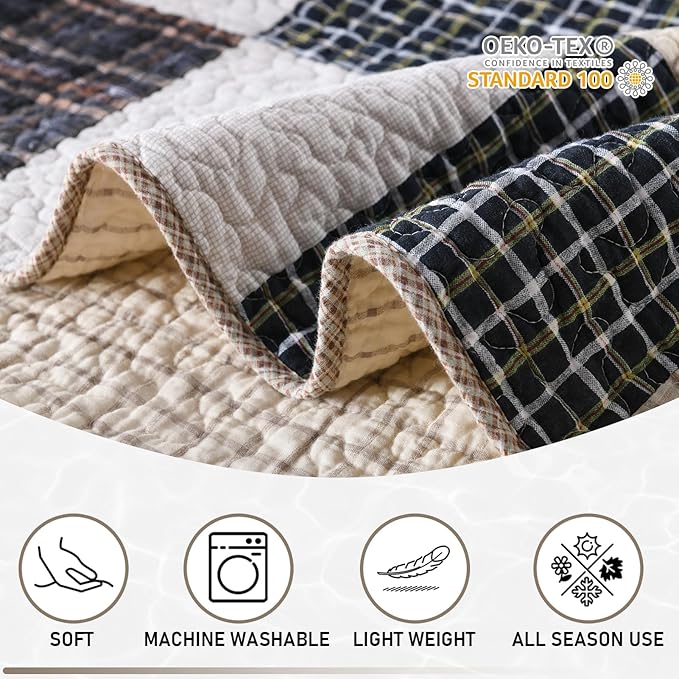 KALOOLA Patchwork Queen Quilt, 100% Cotton Lightweight Bedspreads Queen Size 3 Pieces, Tan Brown Beige Queen Quilt Bedding Set, Farmhouse Rustic Coverlet for All Season